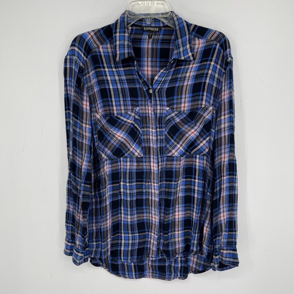 Express Women's Blue Rayon Plaid Long Sleeve Button Front Top Shirt Size M